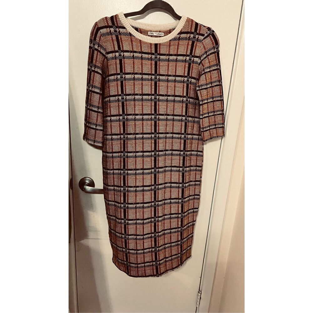 ZARA TARTAN CHECK DRESS 3/4 SLEEVES MUSTARD YELLOW SIZE S